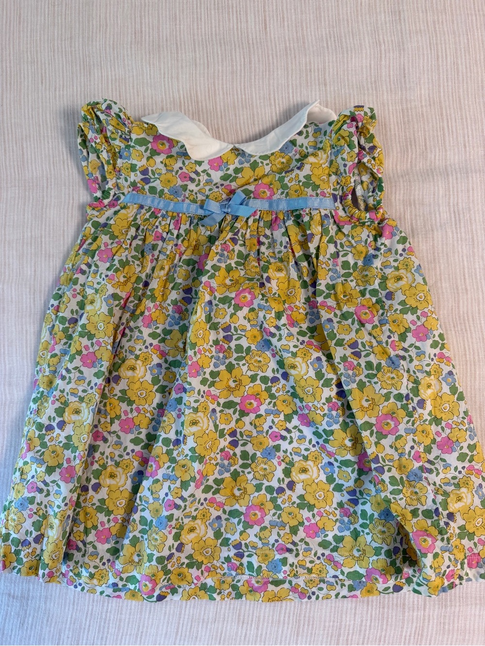 Lily Rose Liberty Print Yellow Pink Floral Dress with Blue Bow Trim 18-24 mo